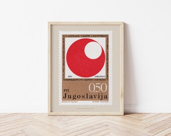 Geometrische Kreise Sarajevo Poster, rote Briefmarke Jugoslawien 1970er Jahre, Mid Century Wandkunst, UdSSR Dekoration, neutrales Kunst Geschenk