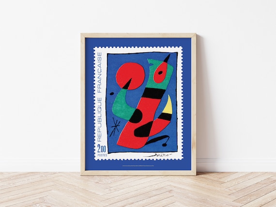 Joan Miro Exhibition Poster, Gallery Museum Print 1975, Vintage French La Poste Postage Stamp, Abstract Contemporary Modern Fine Art