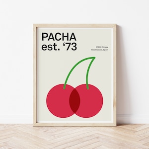 Poster del Pacha Ibiza Club, illustrazione minimalista retrò di ciliegie, stampa di design geometrico moderno vintage modernista audace rosso di metà secolo