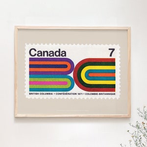 Bold Retro Abstract Stripes Poster, Mid Century Modern Geometric Print, British Columbia Canadian Postage Stamp Art, 1970s Style Artwork image 2