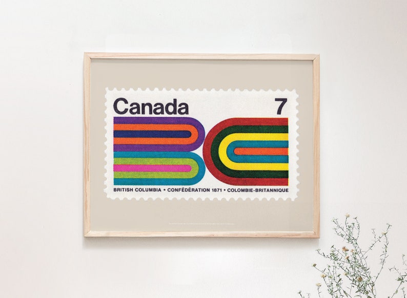 Bold Retro Abstract Stripes Poster, Mid Century Modern Geometric Print, British Columbia Canadian Postage Stamp Art, 1970s Style Artwork image 2