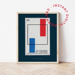 Druckbare Vintage Bauhaus inspiriert, Mid Century Modern Geometrisches Design, Spanien Briefmarke Digital Download Print, Abstrakte Wandkunst