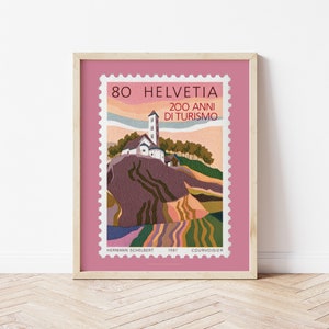 Rosa Vintage Reiseplakat der Schweizer Berge, Schweiz Tourismus Illustration Druck, Schweizer Briefmarke Kunst, zeitgenössische Hauptwanddekor