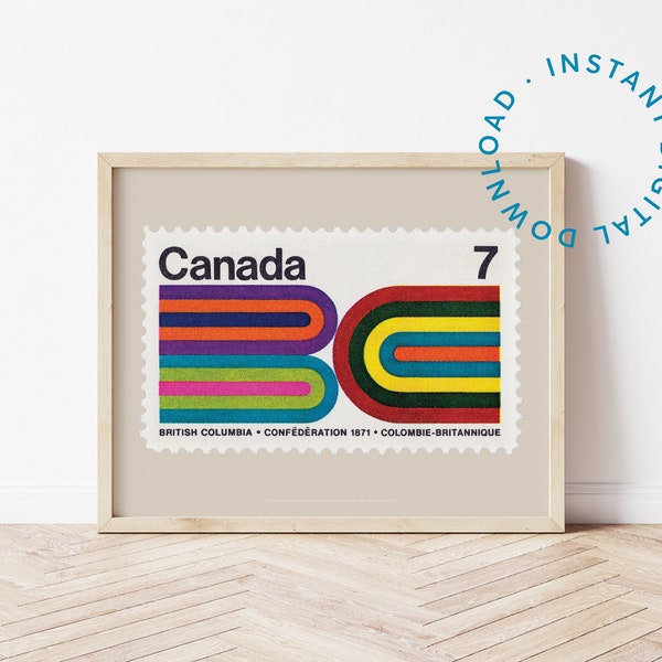 Bold Retro Abstract Stripes Printable Poster, Mid Century Modern Geometric Print, British Columbia Canadian Postage Stamp Art, 1970s Style