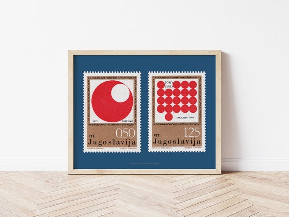 Yugoslavia Postage Stamp Set Poster 1971, Bold Geometric Abstract Circles Print, Former USSR Soviet Philately Wall Art, Stamp Collector Gift