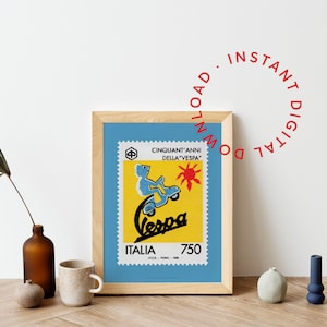 Blue Vespa Piaggio Printable Poster, Italian Scooter Art, Retro Subculture Wall Art, Vintage Yellow Italy Postage Stamp Art, Mod Memorabilia