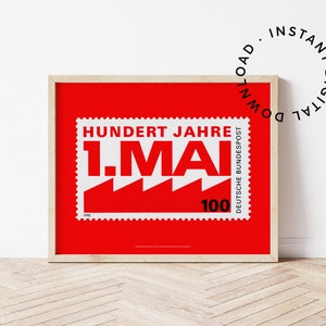1. Mai Feiern Druckbares Poster, Abstraktes Dreieck Bunting, Helle typografische Wandkunst, Vintage Briefmarkenkunst