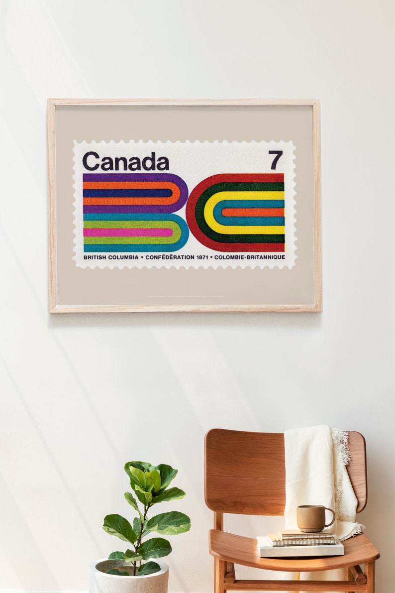 Bold Retro Abstract Stripes Poster, Mid Century Modern Geometric Print, British Columbia Canadian Postage Stamp Art, 1970s Style Artwork image 3