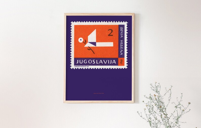 May include: A vintage poster featuring a purple background with a framed orange and white stamp. The stamp depicts a stylized bird with a flower and the text "JUGOSLAVIJA 2 DINARA NEDELJA 1971" in black.