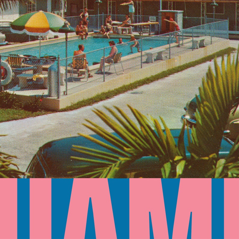 May include: Vintage postcard image of a swimming pool scene with people lounging and swimming. A colorful umbrella provides shade. The word "MIAMI" is displayed in pink and blue block letters at the bottom of the image.