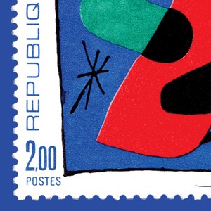May include: A vintage postage stamp with a blue background and abstract shapes in red, black, and green. The stamp features the text "REPUBLIQ" and "2,00 POSTES".