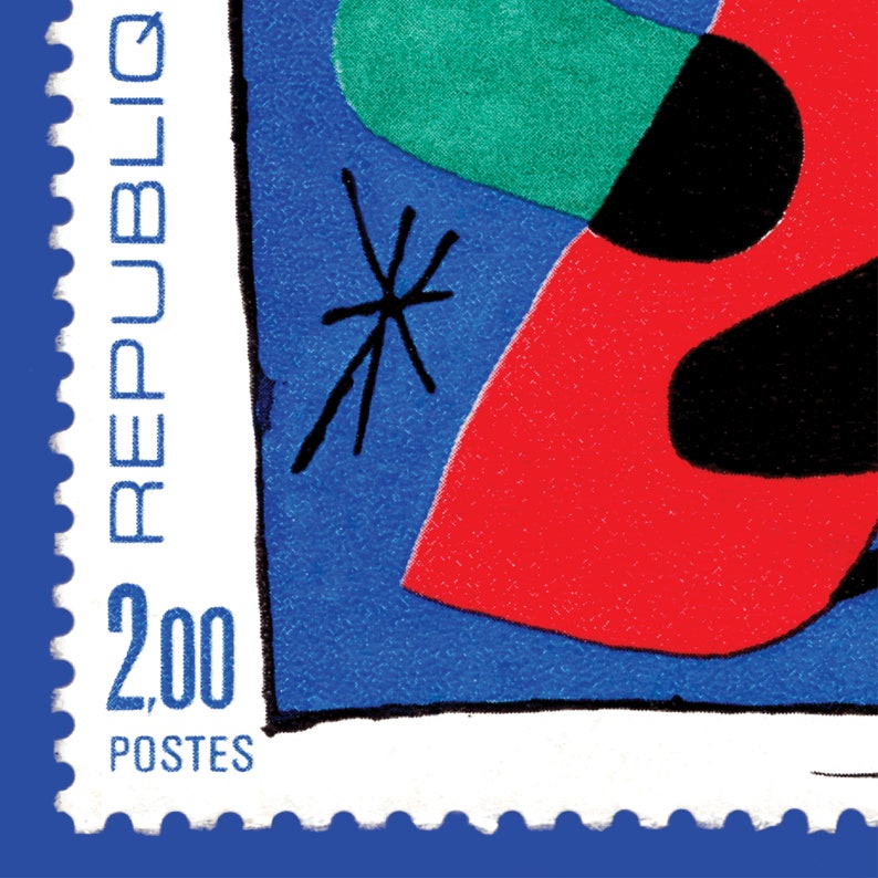 May include: A vintage postage stamp with a blue background and abstract shapes in red, black, and green. The stamp features the text "REPUBLIQ" and "2,00 POSTES".