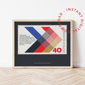 Cartel de sello postal vintage alemán inspirado en la Bauhaus imprimible, arte de pared de flecha abstracta de mediados de siglo, decoración del hogar de la filatelia francesa alemana
