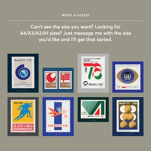 May include: A collection of vintage postage stamps with various designs and colors, including stamps from Brazil, Italy, Poland, and Denmark. The stamps feature diverse imagery and text, set against a dark blue background.