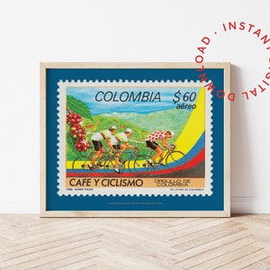 Kaffee und Radfahren druckbares Poster, herunterladbare Vintage kolumbianische Briefmarke Kunstdruck, Rennrad-Café, Kaffee-Liebhaber-Geschenkideen