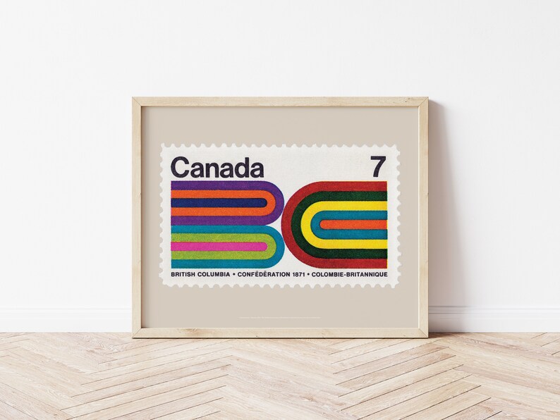 Bold Retro Abstract Stripes Poster, Mid Century Modern Geometric Print, British Columbia Canadian Postage Stamp Art, 1970s Style Artwork image 1