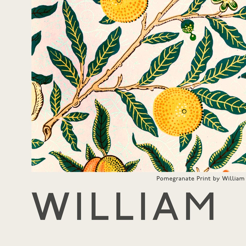 Puede incluir: Una impresi&oacute;n vintage con un patr&oacute;n repetitivo de hojas verdes y granadas amarillas. La impresi&oacute;n se titula "Pomegranate Print by William".