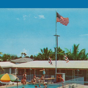 May include: A vintage postcard scene featuring a swimming pool with people, a diving board, and an American flag waving in the sky. Palm trees and a building with a white roof are in the background. The image has a retro aesthetic.