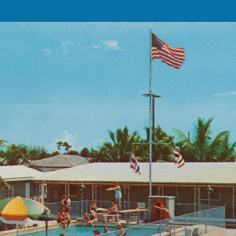 May include: A vintage postcard scene featuring a swimming pool with people, a diving board, and an American flag waving in the sky. Palm trees and a building with a white roof are in the background. The image has a retro aesthetic.