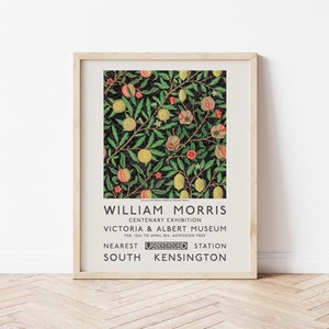 May include: A vintage poster advertising a William Morris Centenary Exhibition at the Victoria & Albert Museum in London. The poster features a colorful floral pattern with red, yellow, and green accents.
