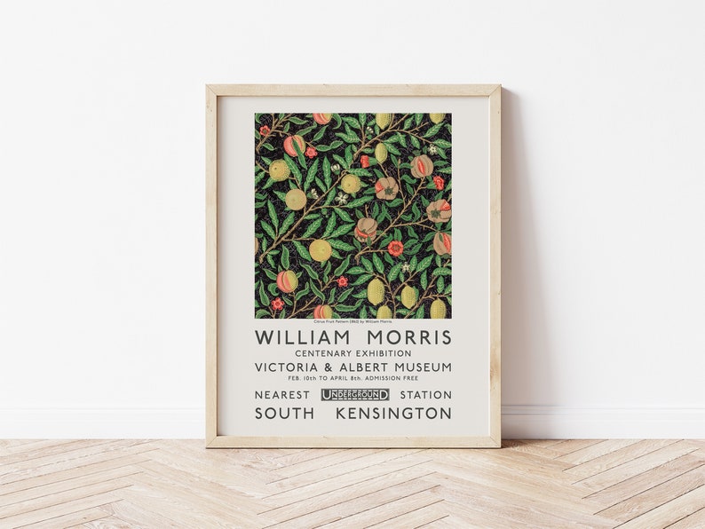 May include: A vintage poster advertising a William Morris Centenary Exhibition at the Victoria & Albert Museum in London. The poster features a colorful floral pattern with red, yellow, and green accents.