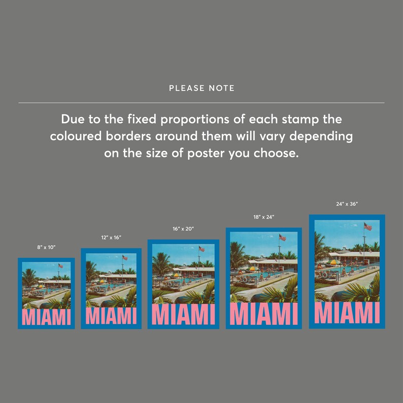 May include: A series of five framed posters with a vintage Miami theme. Each poster features a retro image of a pool and hotel with the word "MIAMI" in pink block letters. The posters vary in size from 8" x 10" to 24" x 36".