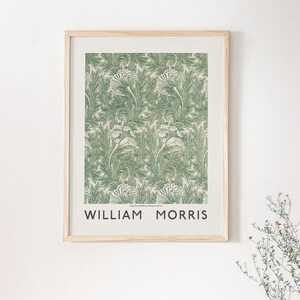 May include: A framed print of a green and white floral pattern with the text "William Morris" at the bottom.