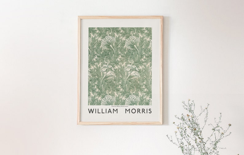 May include: A framed print of a green and white floral pattern with the text "William Morris" at the bottom.