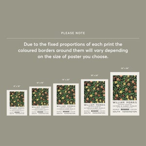 May include: A poster featuring a vintage design of a fruit tree with green leaves, pink flowers, and yellow fruit. The poster is titled "William Morris" and includes the text "Centenary Exhibition, Victoria & Albert Museum, Nearest Station South Kensington". The poster is shown in five different sizes: 8x10 inches, 12x16 inches, 16x20 inches, 18x24 inches, and 24x36 inches.