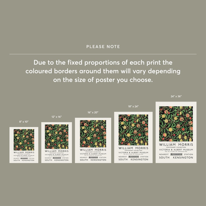 May include: A poster featuring a vintage design of a fruit tree with green leaves, pink flowers, and yellow fruit. The poster is titled "William Morris" and includes the text "Centenary Exhibition, Victoria & Albert Museum, Nearest Station South Kensington". The poster is shown in five different sizes: 8x10 inches, 12x16 inches, 16x20 inches, 18x24 inches, and 24x36 inches.
