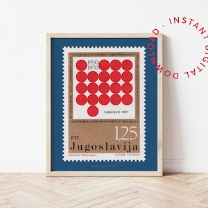 Druckbare rote Jugoslawien Briefmarke Druck digitaler Download, Geometrische Kreise Sarajevo Plakat 1970er Jahre, Mid Century Wohnungseinweihungsgeschenk