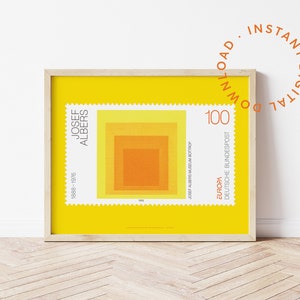 May include: A yellow poster with a stamp featuring a geometric design in shades of orange and yellow. The stamp is labeled "JOSEF ALBERS 1888-1976" and "EUROPA 100 DEUTSCHE BUNDESPOST".