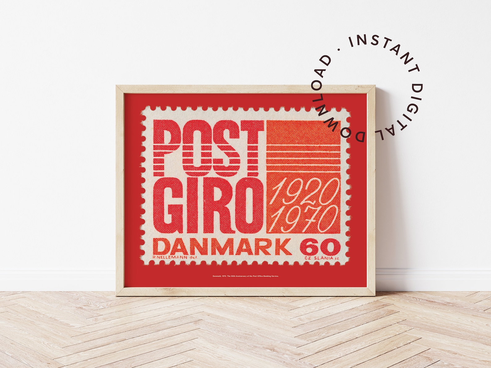 Printable Danish Vintage Postage Stamp Poster, Typography Wall Art