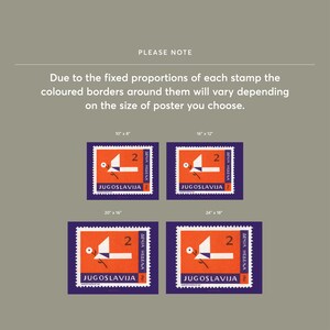 Puede incluir: Cuatro tama&ntilde;os diferentes de un p&oacute;ster con un dise&ntilde;o de sello vintage. El sello presenta un p&aacute;jaro rojo y blanco con el texto "JUGOSLAVIJA" y "ДЕЧЈА НЕДЕЉА" en escritura cir&iacute;lica. Los tama&ntilde;os del p&oacute;ster son 10" x 8", 16" x 12", 20" x 16", y 24" x 18".