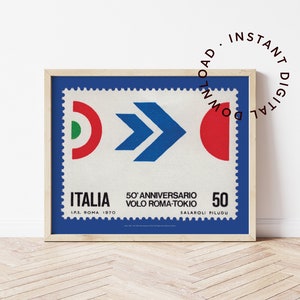 Impresión imprimible de viaje de bandera de Roma a Tokio, descarga digital instantánea, cartel de sello postal de transporte italiano, arte geométrico abstracto