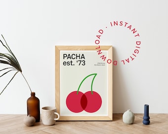 Pacha Ibiza Club Poster Digital Download, Retro Minimalist Cherry Illustration, Red Bold Modernist Vintage Mid-Century Modern Geometric