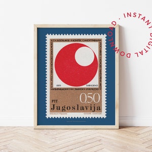 Druckbare geometrische Kreise Sarajevo Poster Digitaler Download, Jugoslawien Briefmarke Druck, Mid Century Wandkunst, Einweihungsparty Geschenk