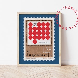 Rote Jugoslawien Briefmarke A2 druckbare Wandkunst, Geometrische Kreise Sarajevo Poster, Mid Century Wandkunst, UDSSR, A4, A3, A2