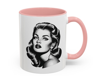 Vintage Glam Girl Coffee Mug, 50's Fashion Ceramic Cup