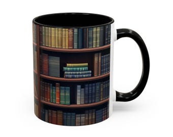 Bookshelf Coffee Mug: Library Print, Colorful Contrast, 11oz/15oz