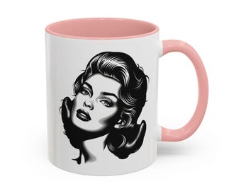 Vintage Glam Coffee Mug - 50s Girl Fashion, Pink Handle
