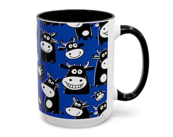 Smiling Cow Pattern Mug | Ceramic Coffee Cup, Blue Cow Design