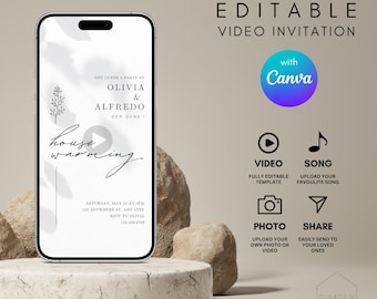 Puede incluir: Plantilla de invitación de vídeo editable con fondo blanco y un botón de reproducción. El texto dice "Join us for a party at Olivia & Alfredo, New Home!" y "Housewarming". La plantilla es personalizable con Canva.