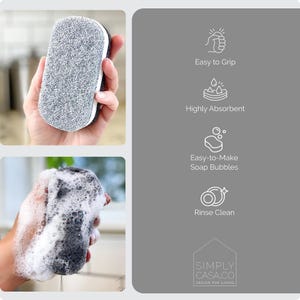 May include: A gray and white sponge with a textured surface. The sponge is being held in a hand and is covered in soap suds. The sponge is designed for cleaning and is easy to grip, highly absorbent, and makes soap bubbles easily. The sponge is also easy to rinse clean.