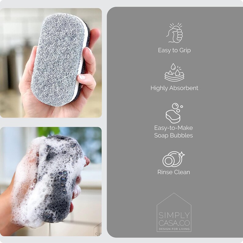 May include: A gray and white sponge with a textured surface. The sponge is being held in a hand and is covered in soap suds. The sponge is designed for cleaning and is easy to grip, highly absorbent, and makes soap bubbles easily. The sponge is also easy to rinse clean.