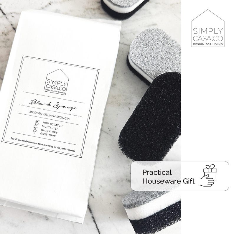 May include: A package of black kitchen sponges with the text "SIMPLY CASA.CO DESIGN FOR LIVING" and "Black Sponge" on the front. The package also includes the text "MODERN KITCHEN SPONGES" and a list of features: "NON-SCRATCH", "MULTI-USE", "QUICK-DRY", and "EASY GRIP".