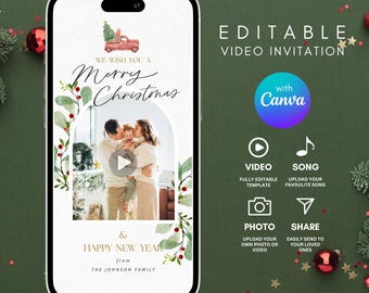 Puede incluir: Una pantalla de teléfono inteligente muestra una invitación de video navideña. El diseño presenta una foto familiar, un camión rojo con un árbol de Navidad y el texto "Merry Christmas & Happy New Year". La invitación es editable con Canva.