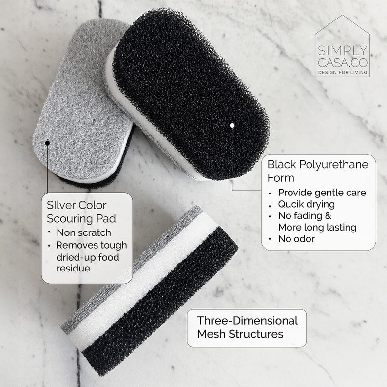 May include: Two gray and black scouring pads with a three-dimensional mesh structure. The black pad is labeled "Black Polyurethane Form" and lists features like "Provide gentle care" and "No odor". The gray pad is labeled "Silver Color Scouring Pad" and lists features like "Non scratch" and "Removes tough dried-up food residue".