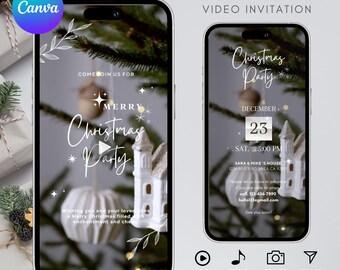 Puede incluir: Plantilla de invitación de vídeo editable para una fiesta de Navidad. La plantilla presenta una escena invernal festiva con una iglesia blanca y un adorno navideño. El texto de la plantilla dice "Ven a celebrar con nosotros una Feliz Navidad" e incluye la fecha, la hora y el lugar de la fiesta.
