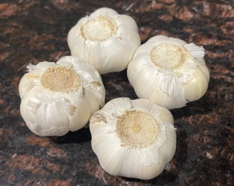 May include: Four whole garlic bulbs with white skin, arranged on a brown speckled countertop.